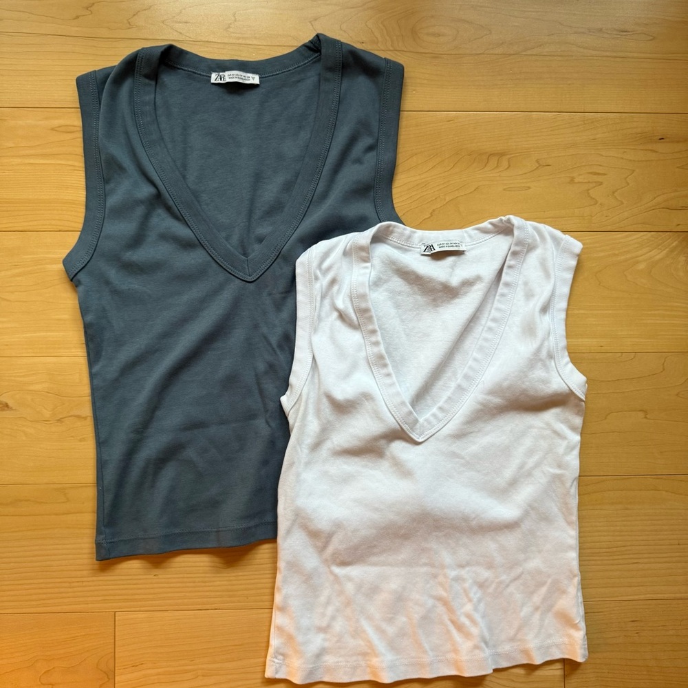 Zara V-Neck White and blue Tank Top